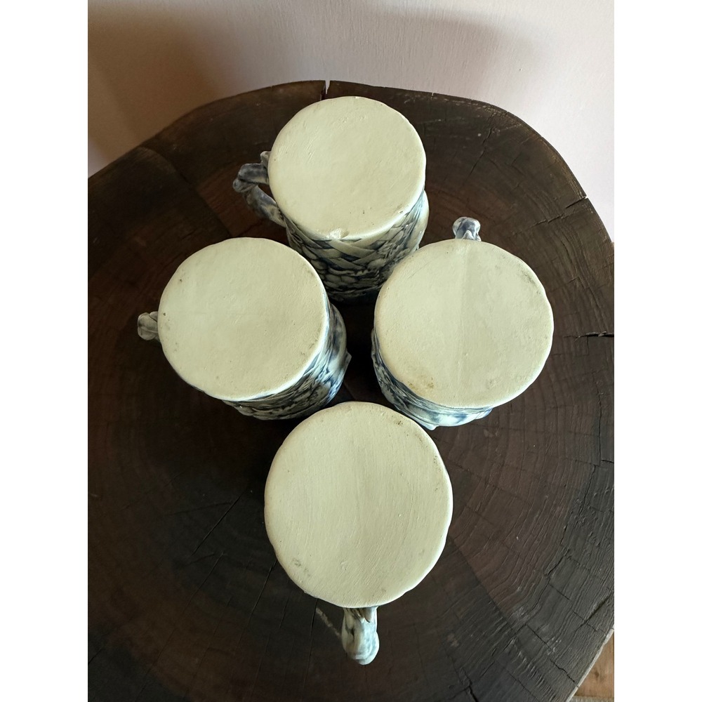 Vintage Blue White Embossed Fruit Basketweave Ceramic Mugs Set of 4 Cottagecore - Picture 6 of 6